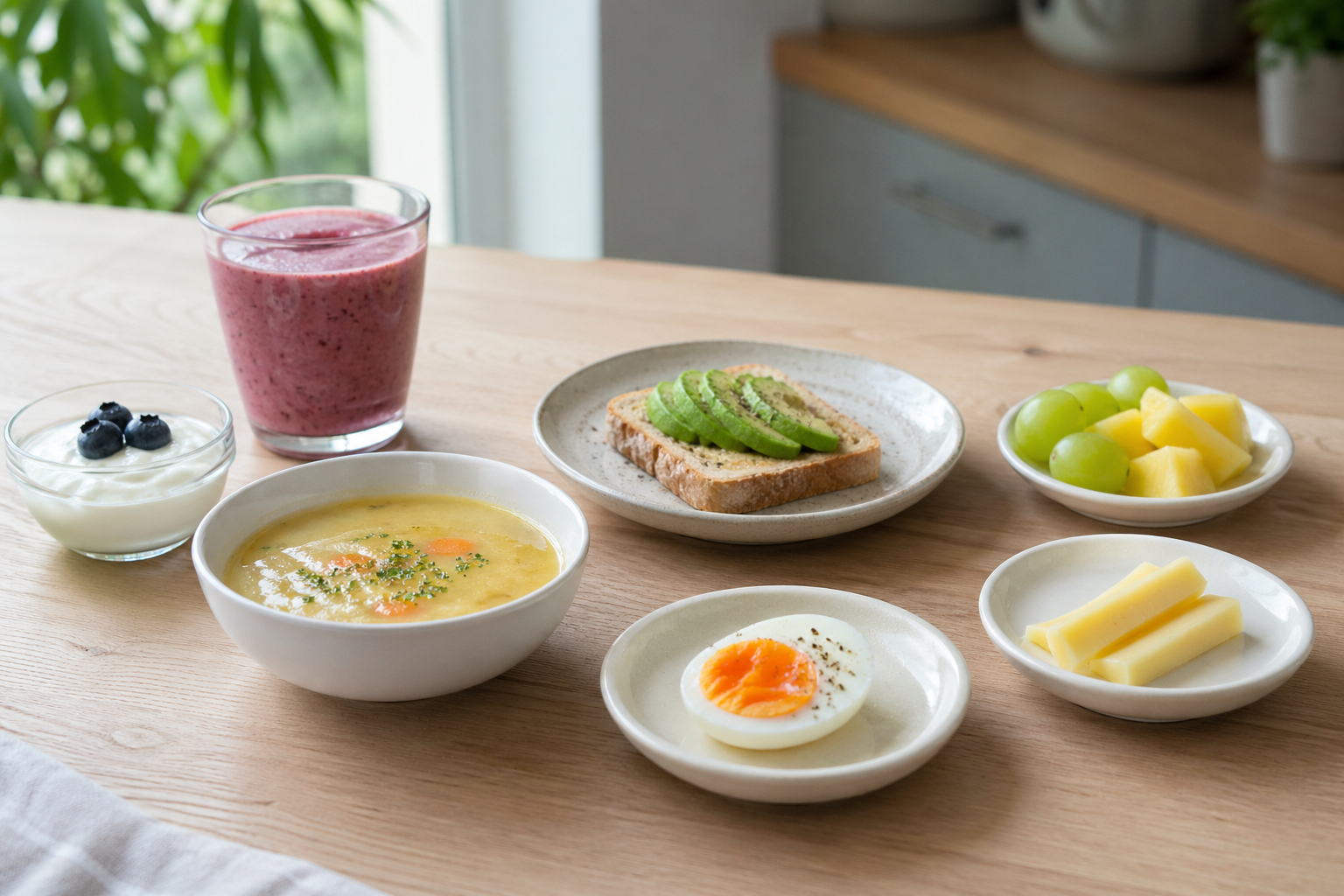 Illustration of small meals and drinks for low appetite